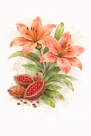 Lilies and Annatto seeds, the botanical source for Warm Coral