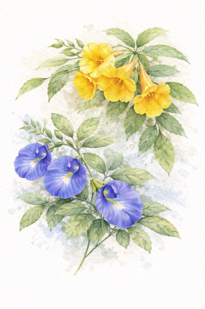 Tacoma and Clitoria flowers, the botanical source for Forest Dew